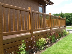 Holiday home decking golden oak & cedar composite wpc wood free decking deck board plastic upvc lodge park sundeck vinyl extrusion manufacturer